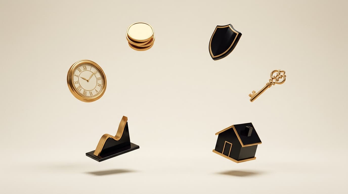 Six pillars of finance-first investing suspended mid-air around the space where a fountain pen used to be